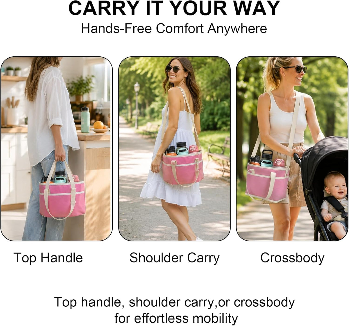 Pink 4 Compartment Drink Bag – Insulated Drink Carrier Bag with Adjustable Strap, Family Size Drink Holder Bag for Multiple Tumblers, Coffee, Travel, Picnics & Daily Outings (Includes Cup Brush)