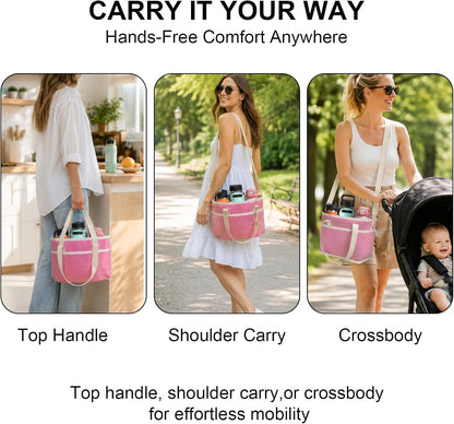Pink 4 Compartment Drink Bag – Insulated Drink Carrier Bag with Adjustable Strap, Family Size Drink Holder Bag for Multiple Tumblers, Coffee, Travel, Picnics & Daily Outings (Includes Cup Brush)