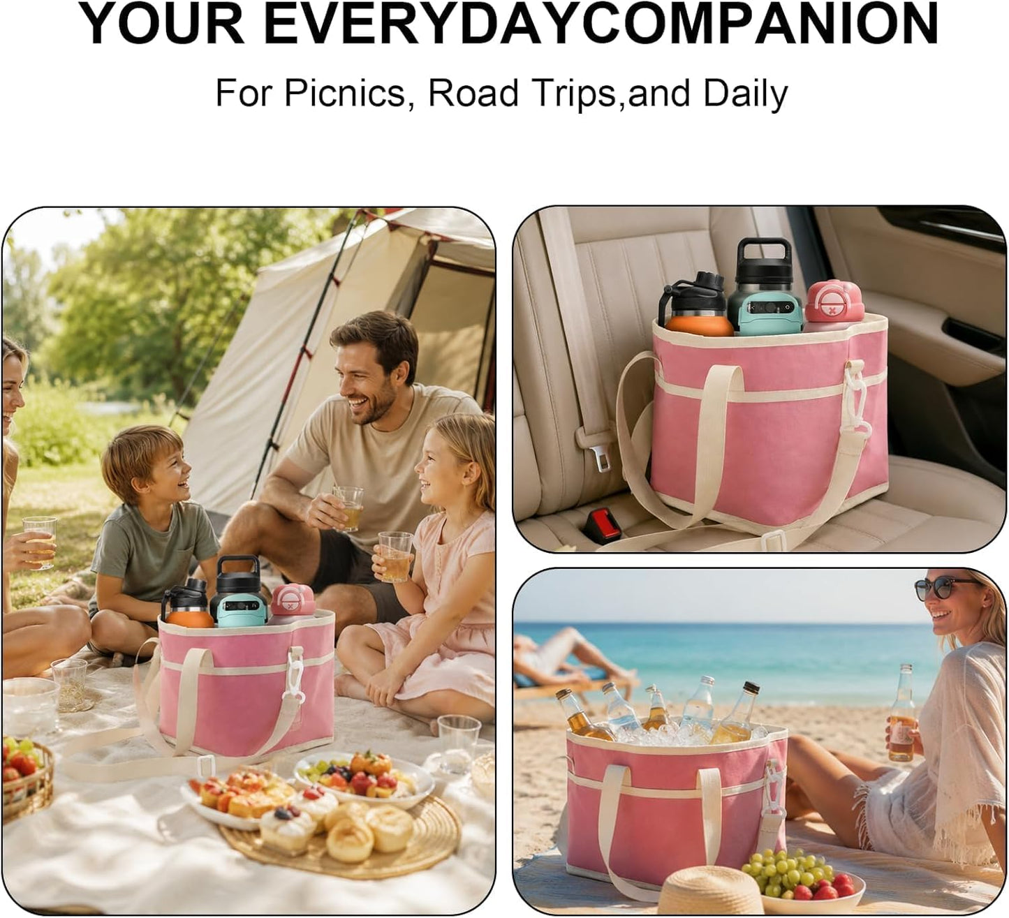 Pink 4 Compartment Drink Bag – Insulated Drink Carrier Bag with Adjustable Strap, Family Size Drink Holder Bag for Multiple Tumblers, Coffee, Travel, Picnics & Daily Outings (Includes Cup Brush)
