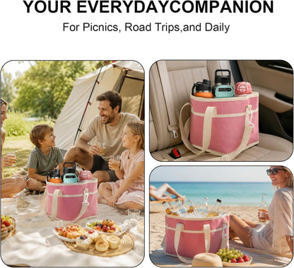 Pink 4 Compartment Drink Bag – Insulated Drink Carrier Bag with Adjustable Strap, Family Size Drink Holder Bag for Multiple Tumblers, Coffee, Travel, Picnics & Daily Outings (Includes Cup Brush)
