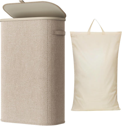 Slim Laundry Basket with Lid and Removable Bag, 65L, White