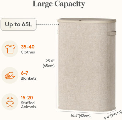 Slim Laundry Basket with Lid and Removable Bag, 65L, White