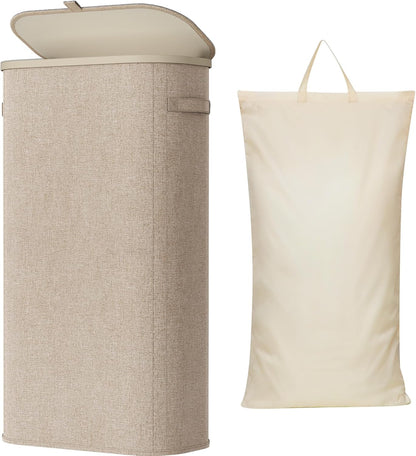 Slim Laundry Basket with Lid and Removable Bag, 65L, White