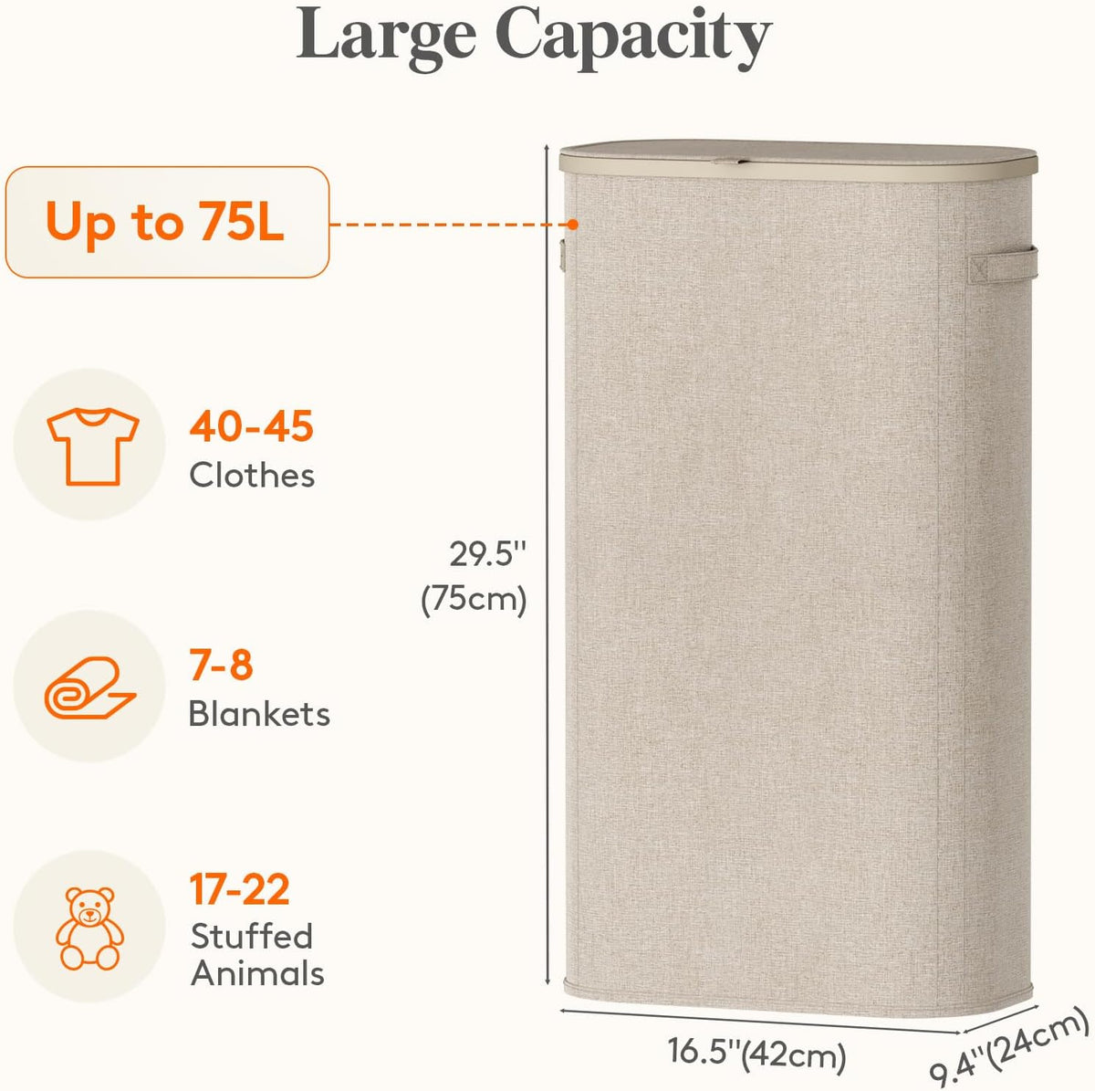 Slim Laundry Basket with Lid and Removable Bag, 65L, White
