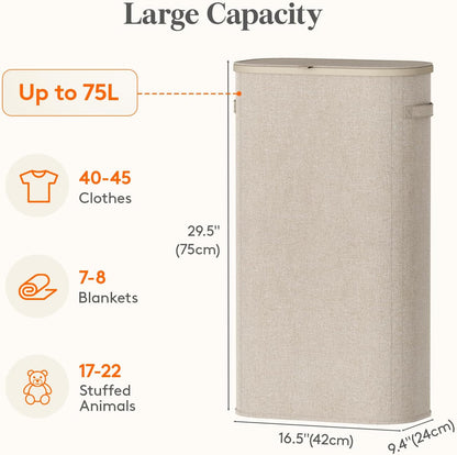 Slim Laundry Basket with Lid and Removable Bag, 65L, White