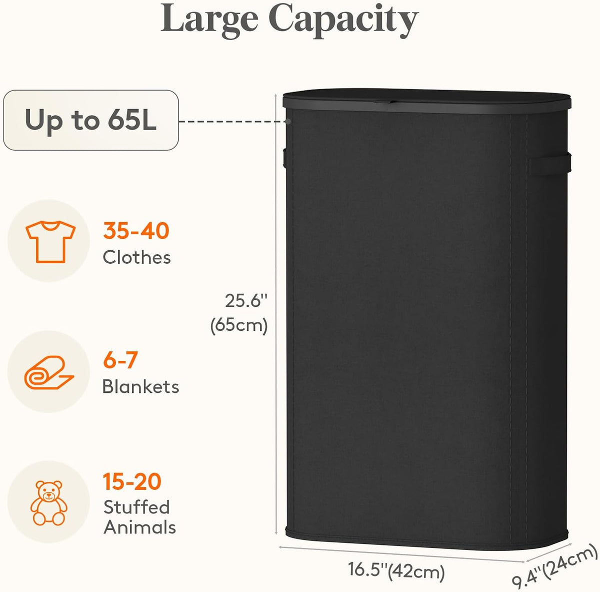 Slim Laundry Basket with Lid and Removable Bag, 65L, White