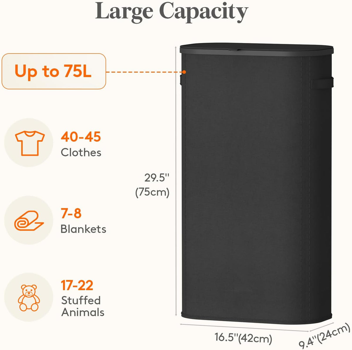 Slim Laundry Basket with Lid and Removable Bag, 65L, White