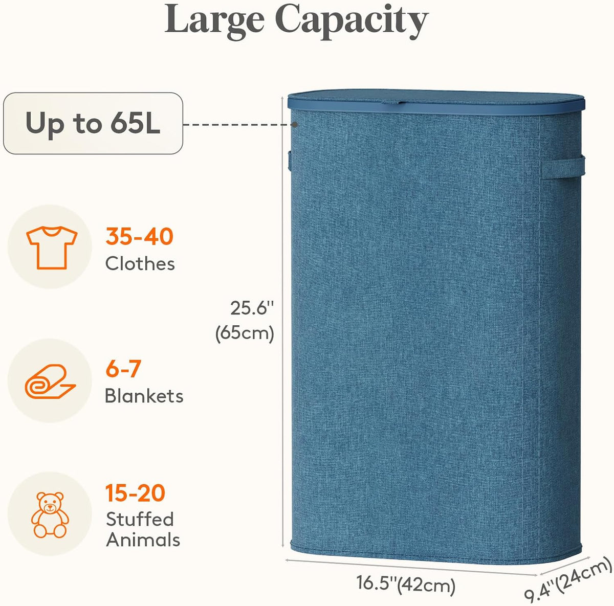 Slim Laundry Basket with Lid and Removable Bag, 65L, White