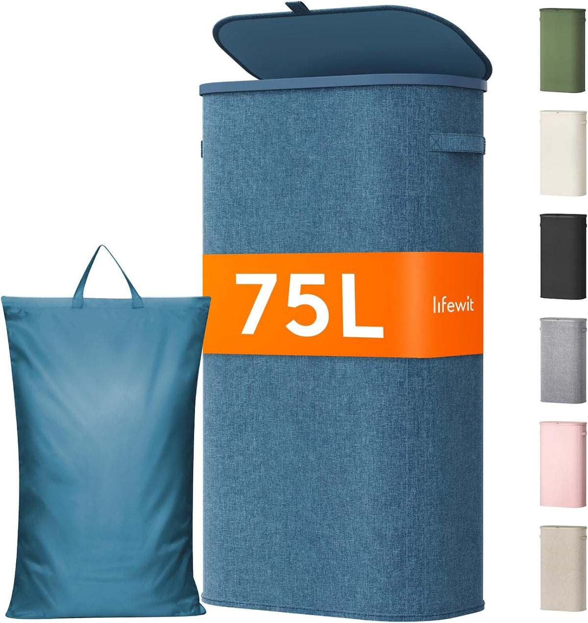 Slim Laundry Basket with Lid and Removable Bag, 65L, White