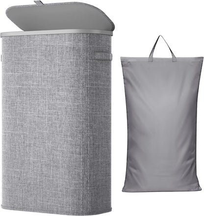 Slim Laundry Basket with Lid and Removable Bag, 65L, White
