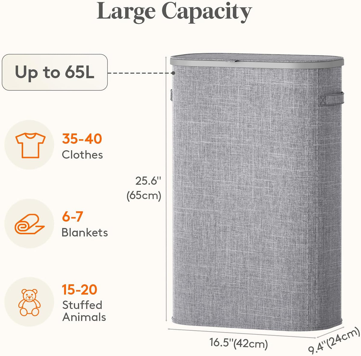 Slim Laundry Basket with Lid and Removable Bag, 65L, White