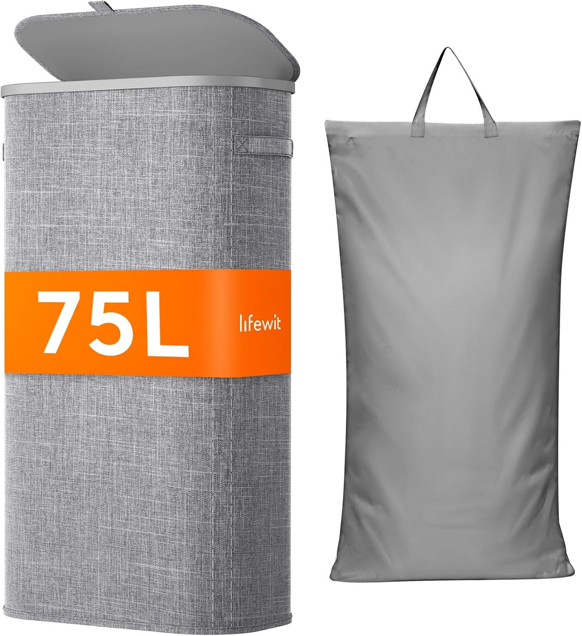 Slim Laundry Basket with Lid and Removable Bag, 65L, White