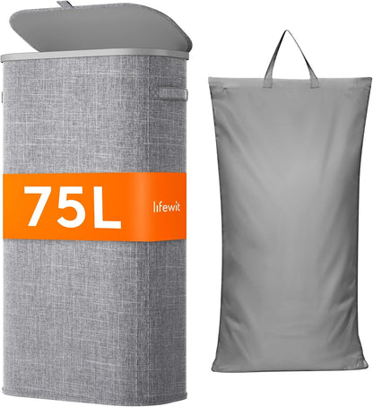 Slim Laundry Basket with Lid and Removable Bag, 65L, White