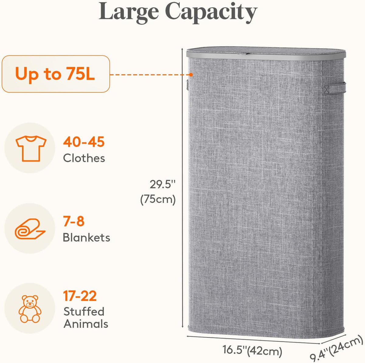 Slim Laundry Basket with Lid and Removable Bag, 65L, White