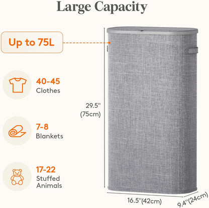 Slim Laundry Basket with Lid and Removable Bag, 65L, White