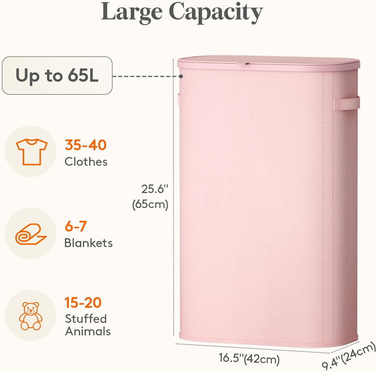 Slim Laundry Basket with Lid and Removable Bag, 65L, White