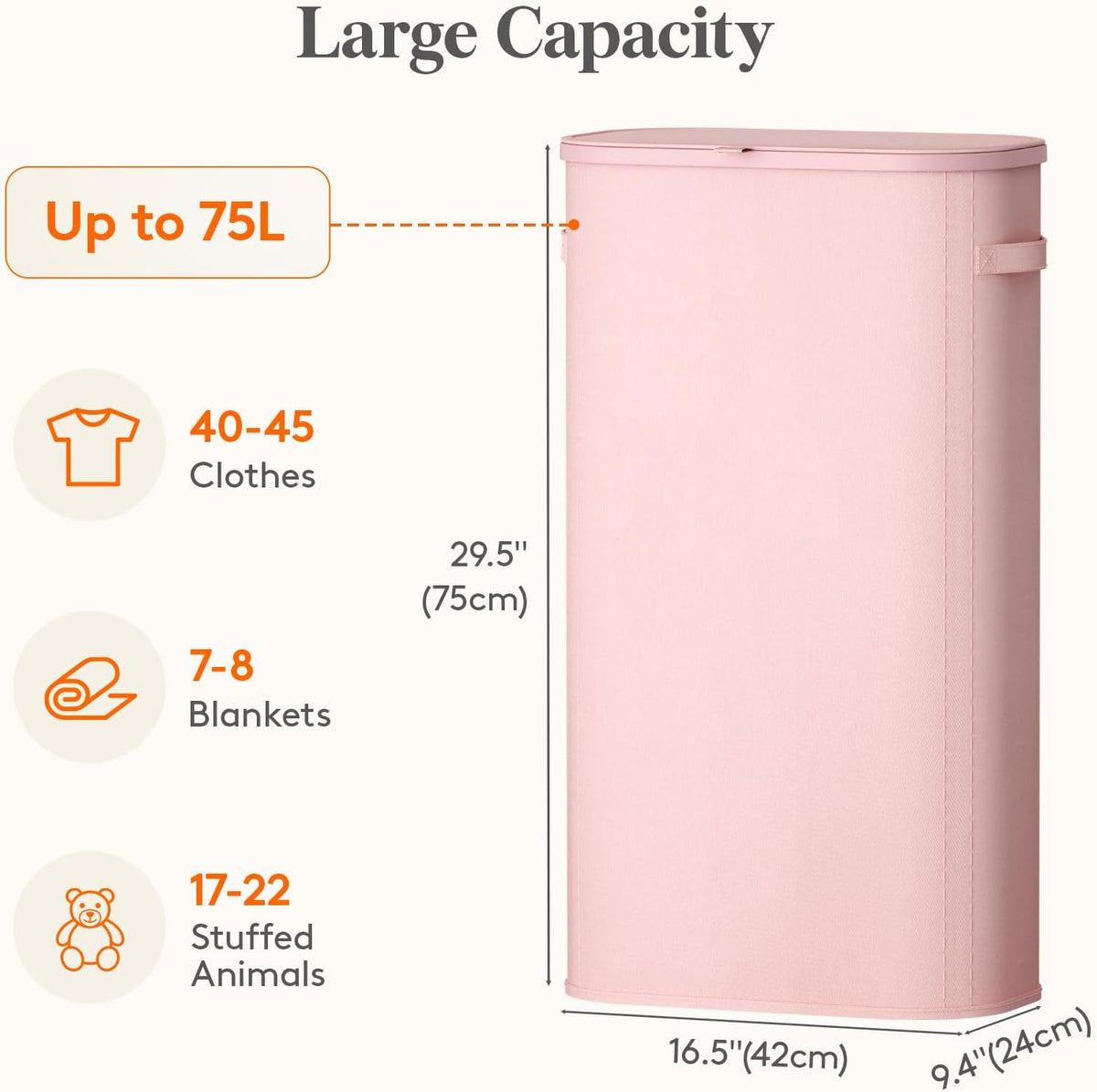 Slim Laundry Basket with Lid and Removable Bag, 65L, White