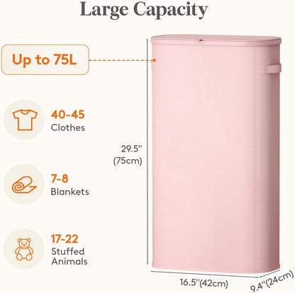 Slim Laundry Basket with Lid and Removable Bag, 65L, White
