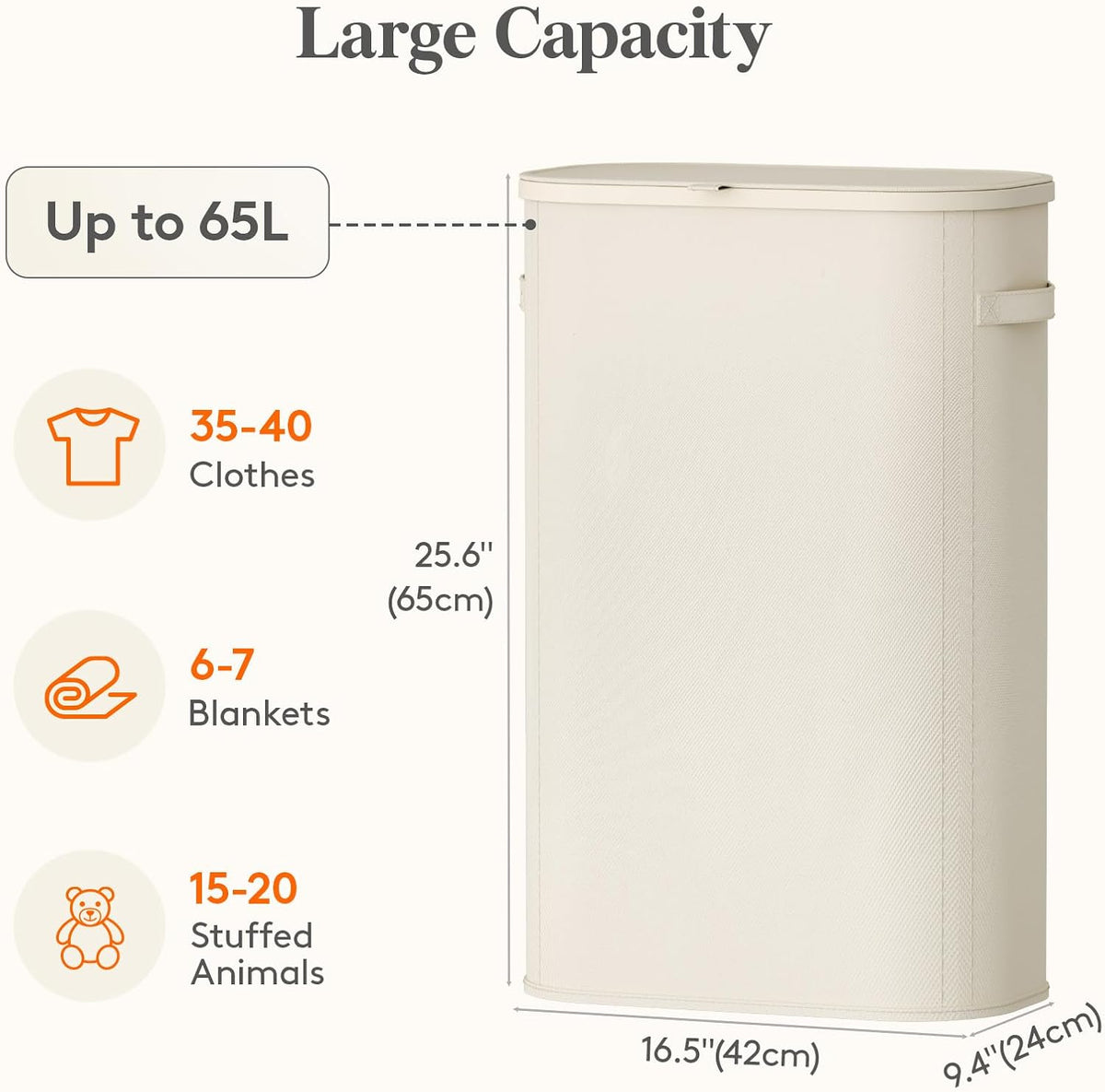 Slim Laundry Basket with Lid and Removable Bag, 65L, White