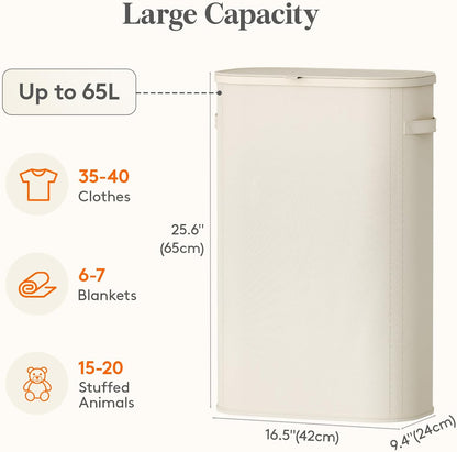 Slim Laundry Basket with Lid and Removable Bag, 65L, White