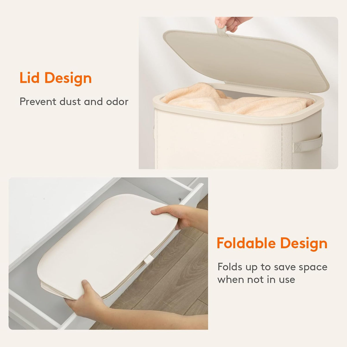 Slim Laundry Basket with Lid and Removable Bag, 65L, White