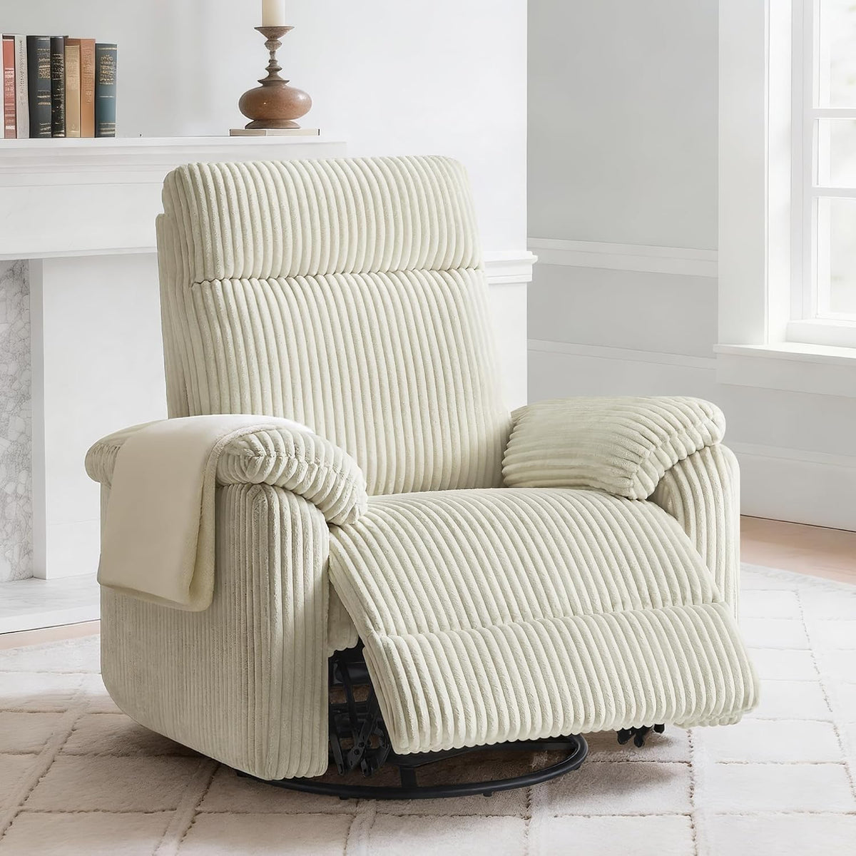 Swivel Rocker Recliner for Adults, Corduroy 360 Degree Swivel Glider Recliner Manual 3-Position Adjustable Easy Assembly for Small Space Living Room Nursery Bedroom