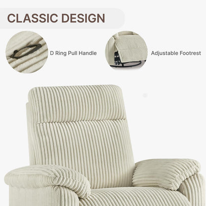 Swivel Rocker Recliner for Adults, Corduroy 360 Degree Swivel Glider Recliner Manual 3-Position Adjustable Easy Assembly for Small Space Living Room Nursery Bedroom