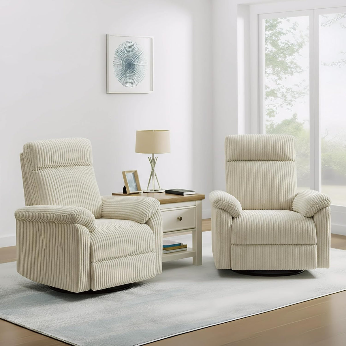 Swivel Rocker Recliner for Adults, Corduroy 360 Degree Swivel Glider Recliner Manual 3-Position Adjustable Easy Assembly for Small Space Living Room Nursery Bedroom