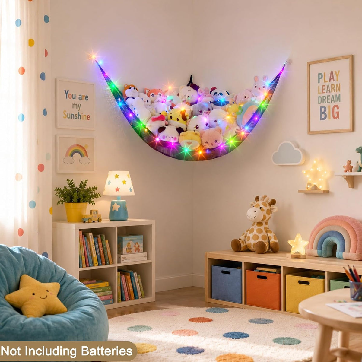 Stuffed Animals Hammock with LED Light Toy Net Room Decor Corner Storage