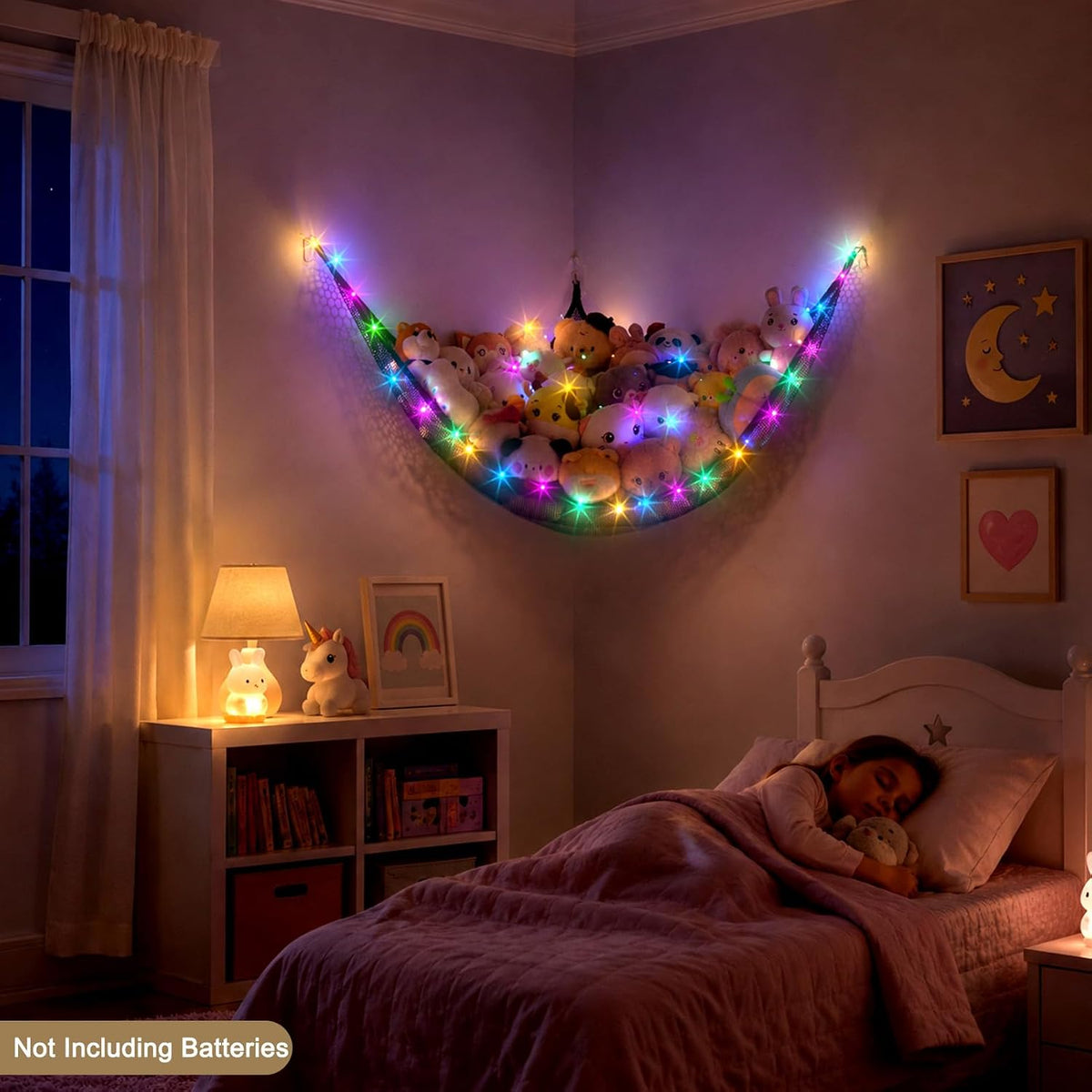 Stuffed Animals Hammock with LED Light Toy Net Room Decor Corner Storage