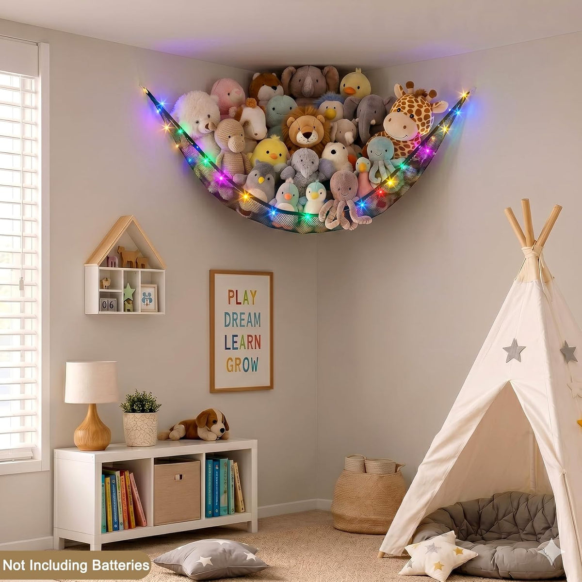 Stuffed Animals Hammock with LED Light Toy Net Room Decor Corner Storage