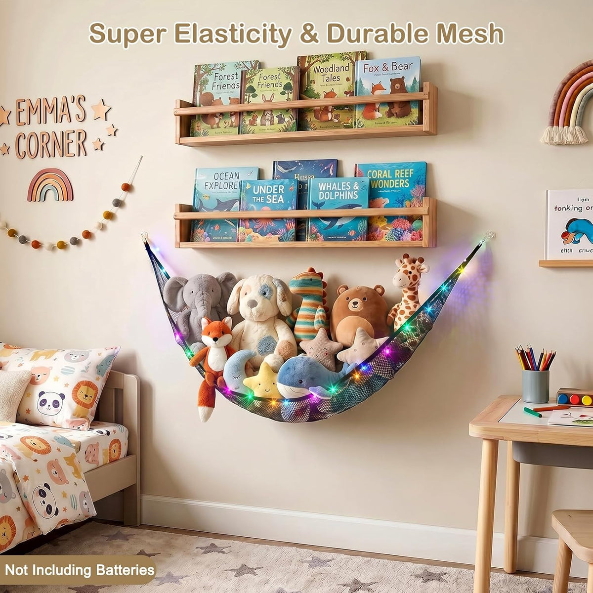 Stuffed Animals Hammock with LED Light Toy Net Room Decor Corner Storage
