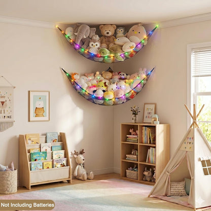 Stuffed Animals Hammock with LED Light Toy Net Room Decor Corner Storage