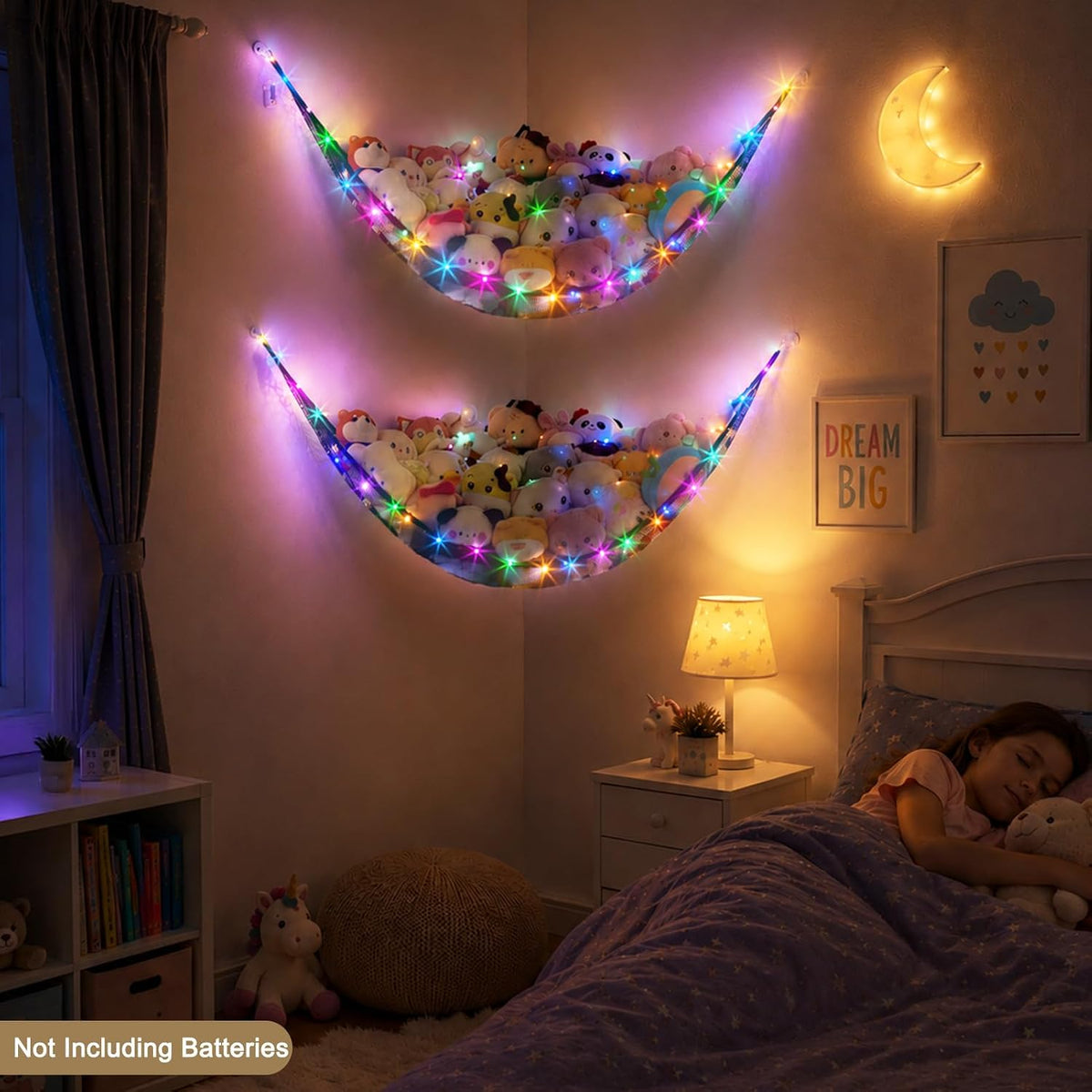 Stuffed Animals Hammock with LED Light Toy Net Room Decor Corner Storage