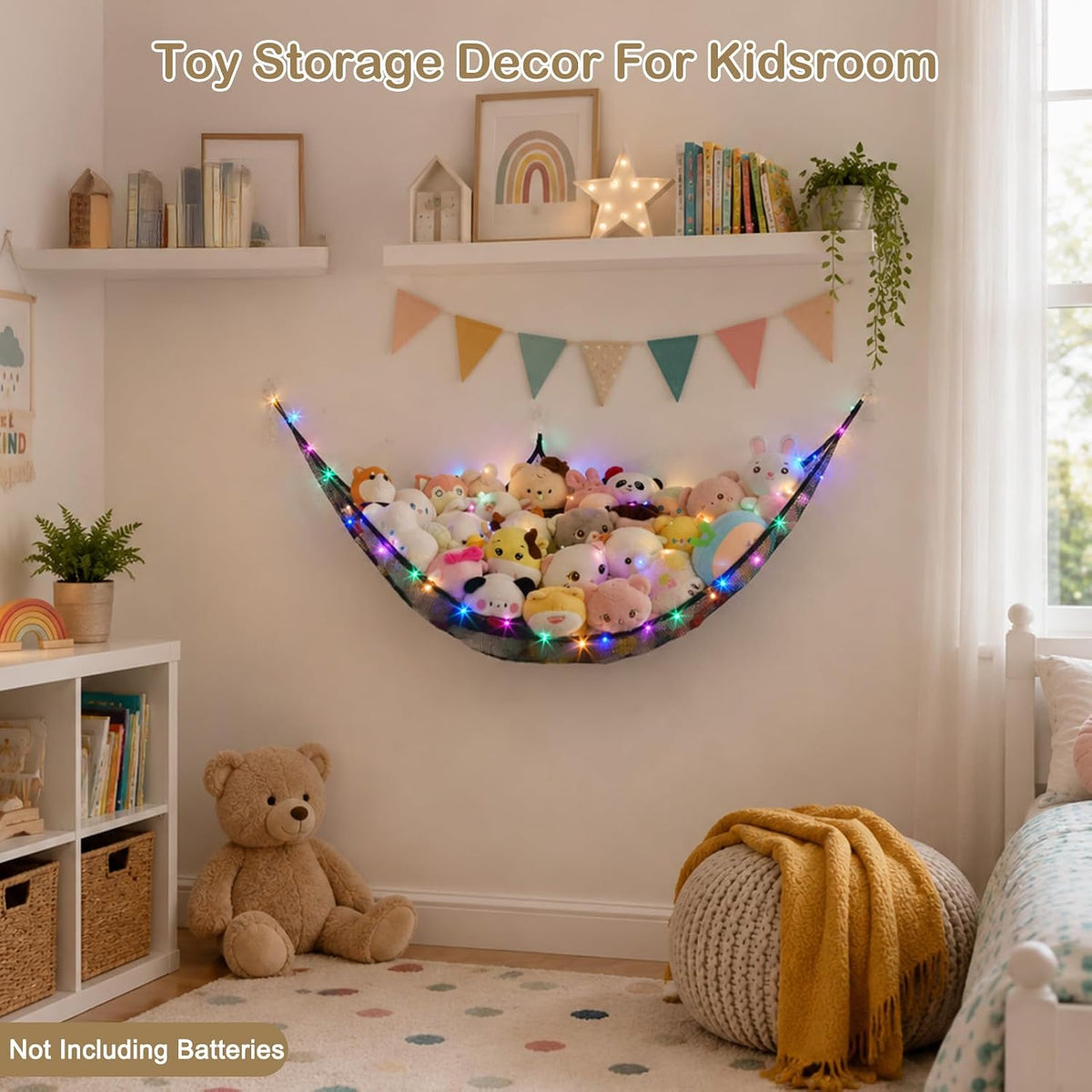 Stuffed Animals Hammock with LED Light Toy Net Room Decor Corner Storage