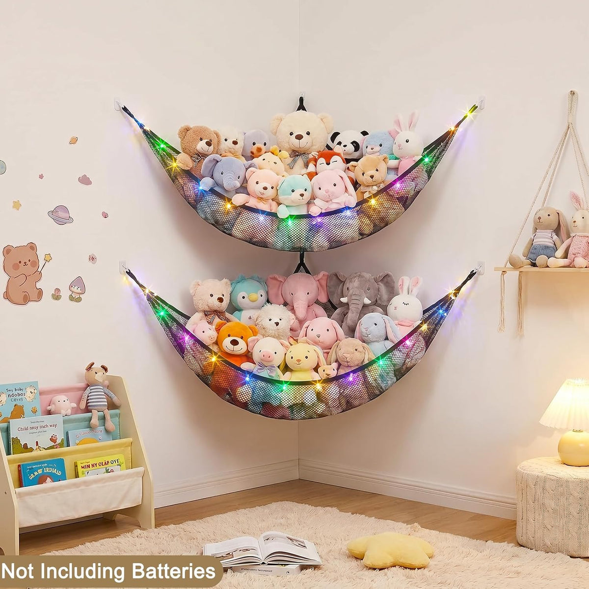 Stuffed Animals Hammock with LED Light Toy Net Room Decor Corner Storage