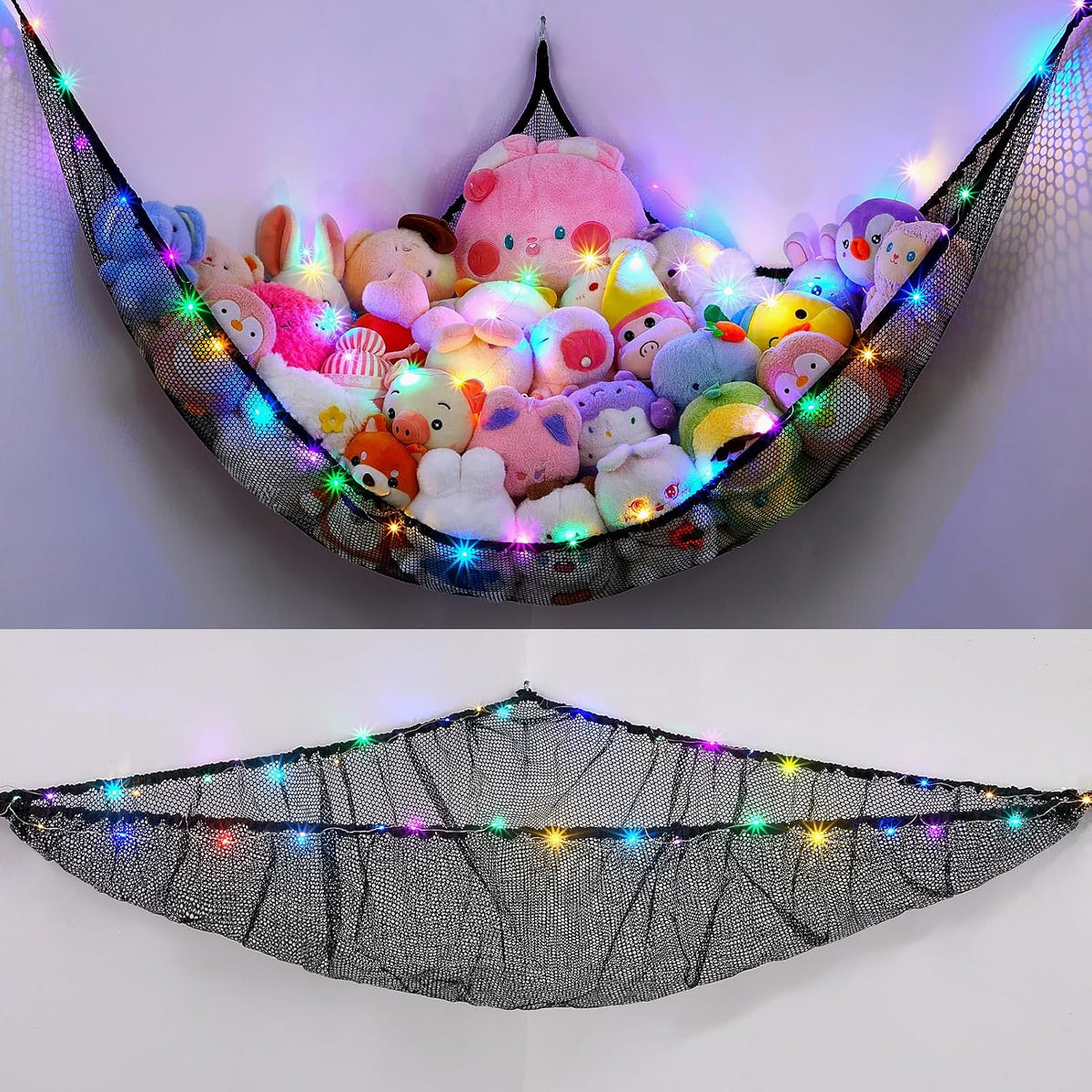 Stuffed Animals Hammock with LED Light Toy Net Room Decor Corner Storage