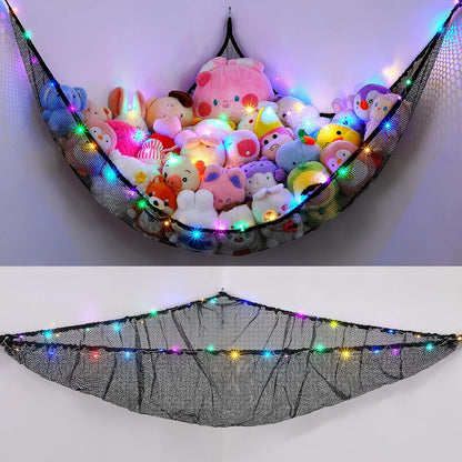 Stuffed Animals Hammock with LED Light Toy Net Room Decor Corner Storage