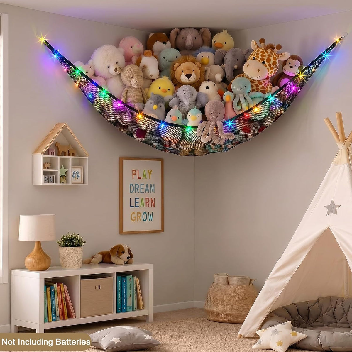 Stuffed Animals Hammock with LED Light Toy Net Room Decor Corner Storage