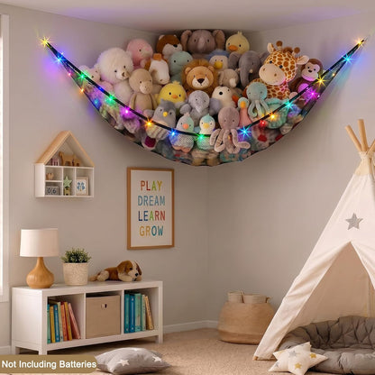Stuffed Animals Hammock with LED Light Toy Net Room Decor Corner Storage