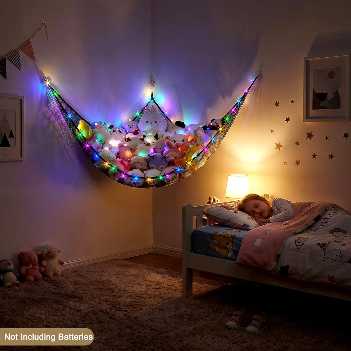 Stuffed Animals Hammock with LED Light Toy Net Room Decor Corner Storage