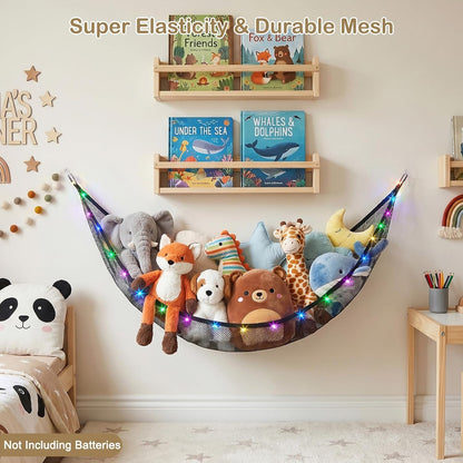 Stuffed Animals Hammock with LED Light Toy Net Room Decor Corner Storage