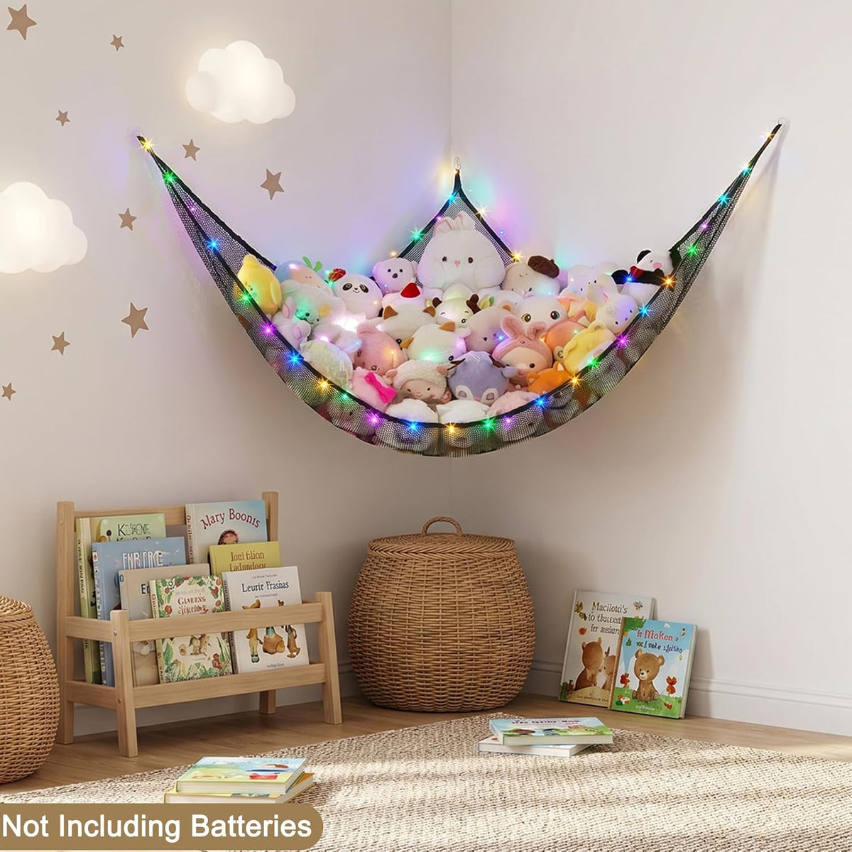 Stuffed Animals Hammock with LED Light Toy Net Room Decor Corner Storage