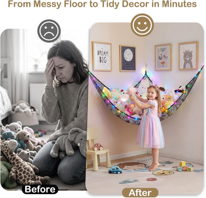 Stuffed Animals Hammock with LED Light Toy Net Room Decor Corner Storage