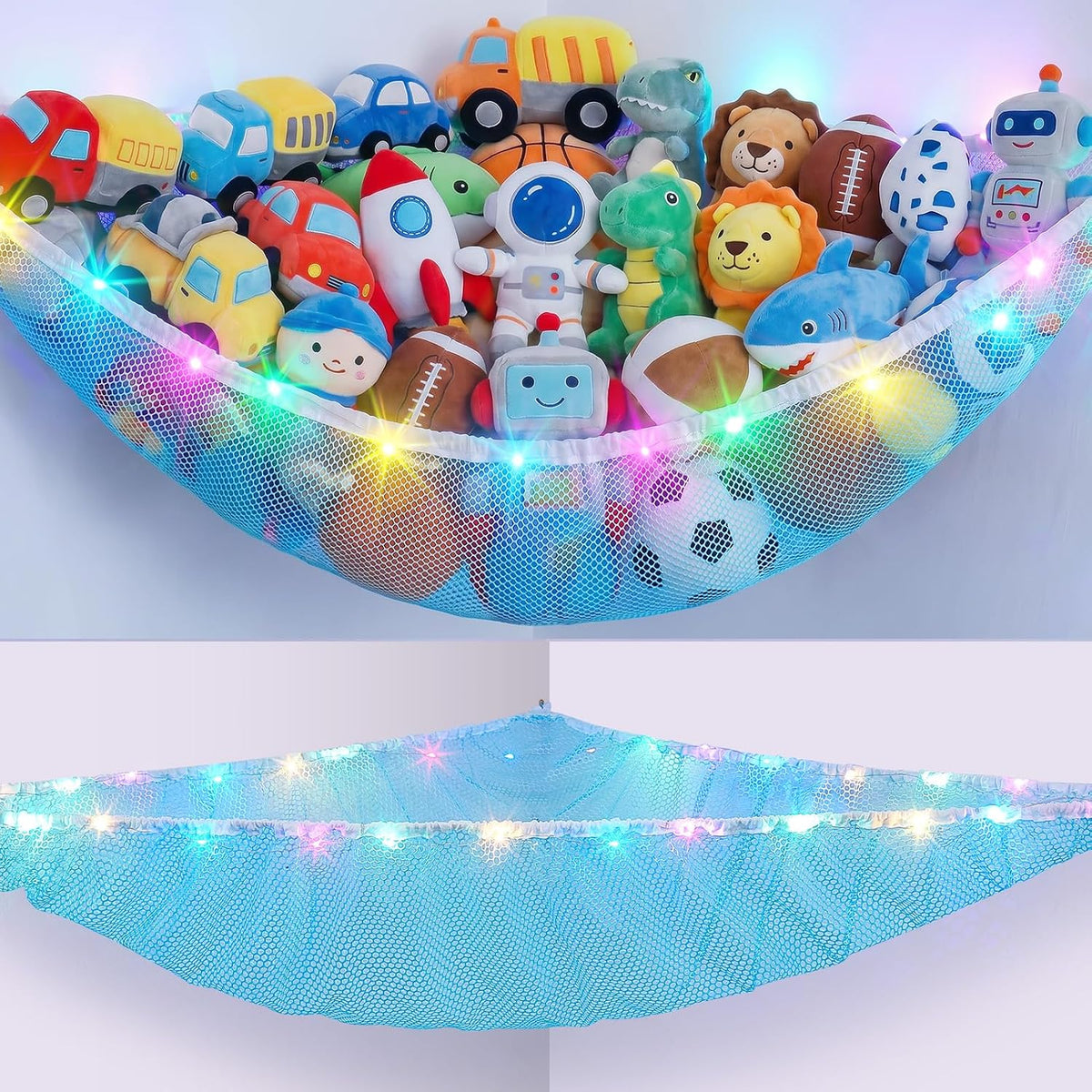 Stuffed Animals Hammock with LED Light Toy Net Room Decor Corner Storage