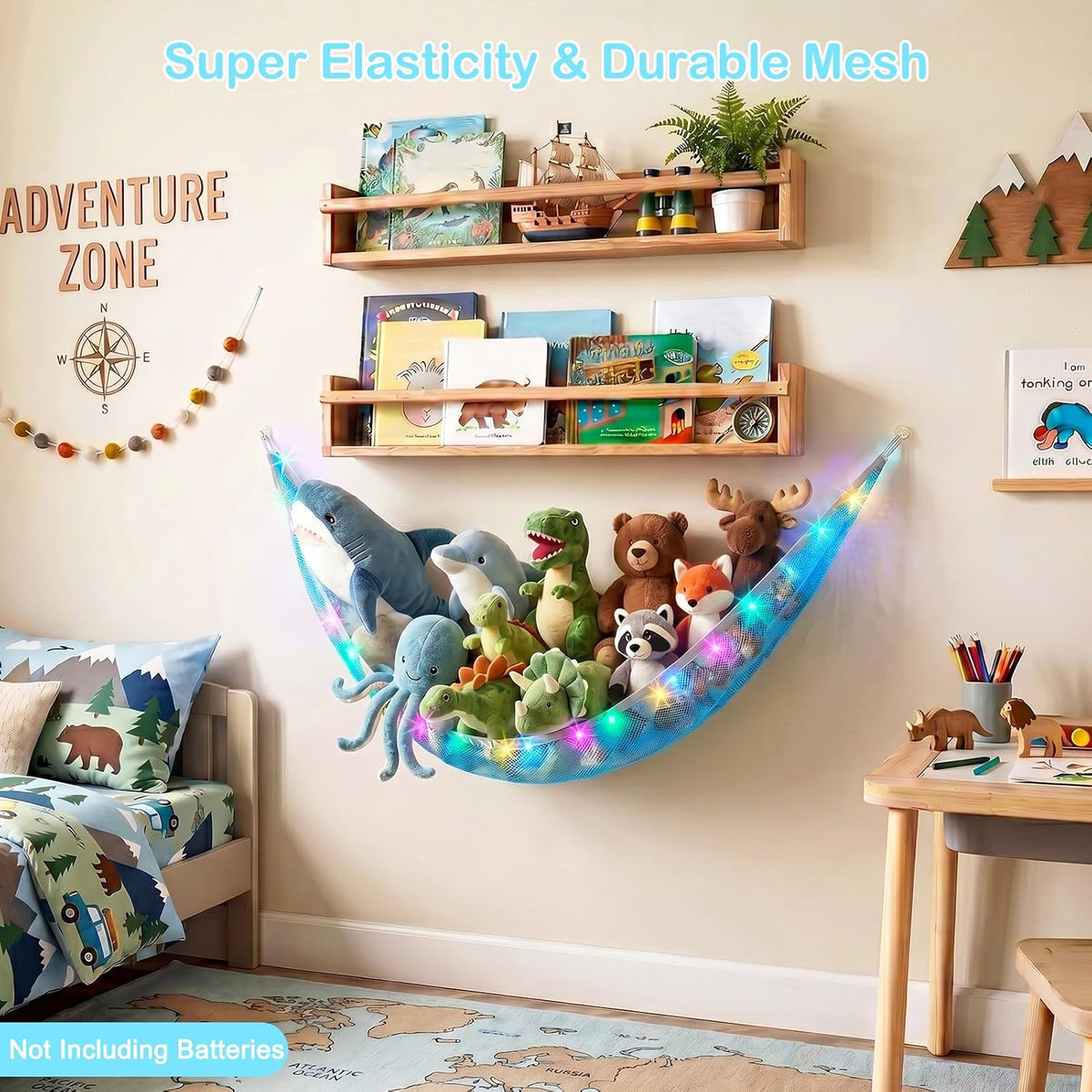 Stuffed Animals Hammock with LED Light Toy Net Room Decor Corner Storage