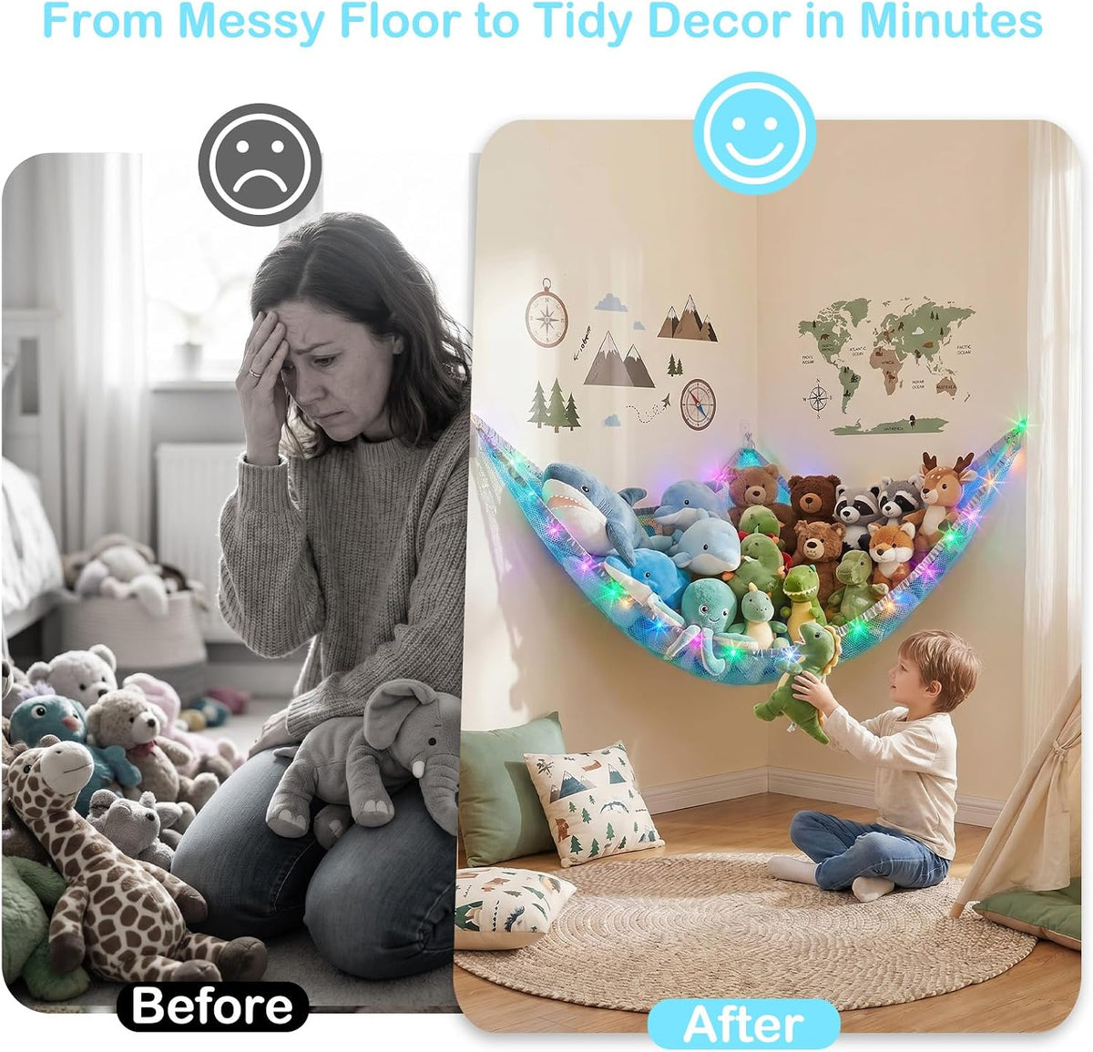 Stuffed Animals Hammock with LED Light Toy Net Room Decor Corner Storage