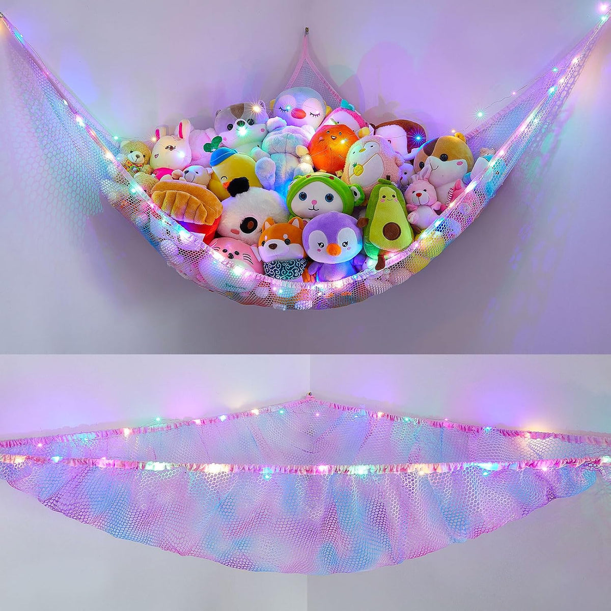 Stuffed Animals Hammock with LED Light Toy Net Room Decor Corner Storage