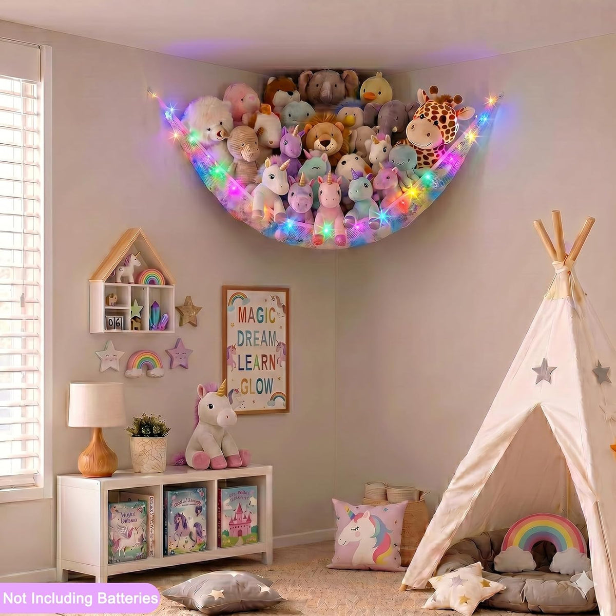 Stuffed Animals Hammock with LED Light Toy Net Room Decor Corner Storage