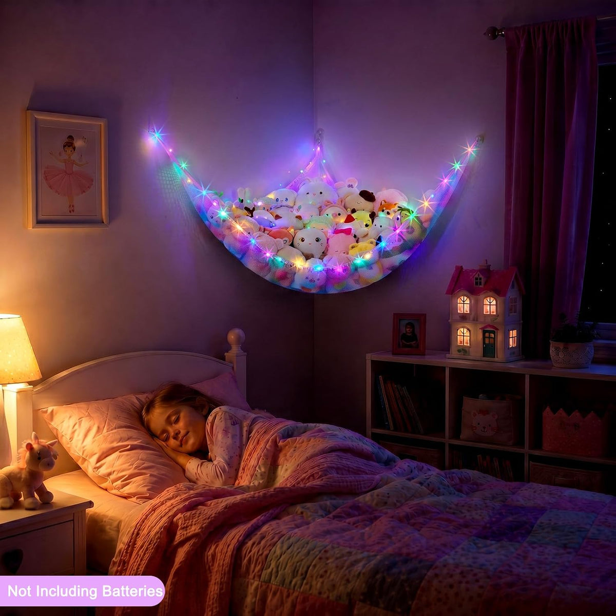 Stuffed Animals Hammock with LED Light Toy Net Room Decor Corner Storage